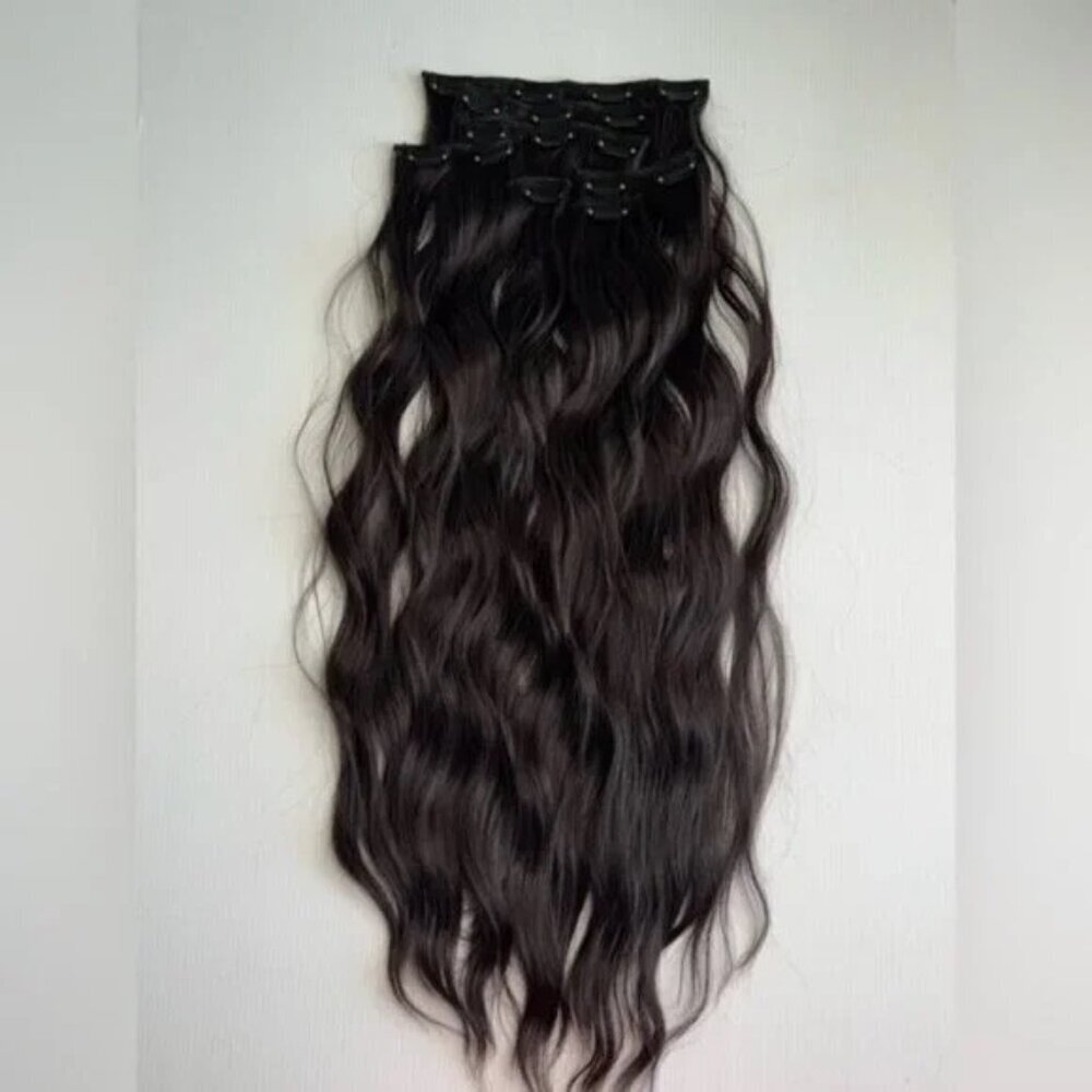 Dark Brown Water Wave Clip in Hair Extensions - Human hair Blend